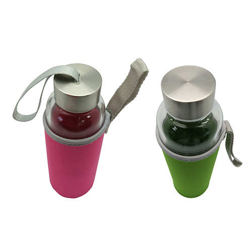 Portable Single Wall Glass Water Bottle with Protective Bag