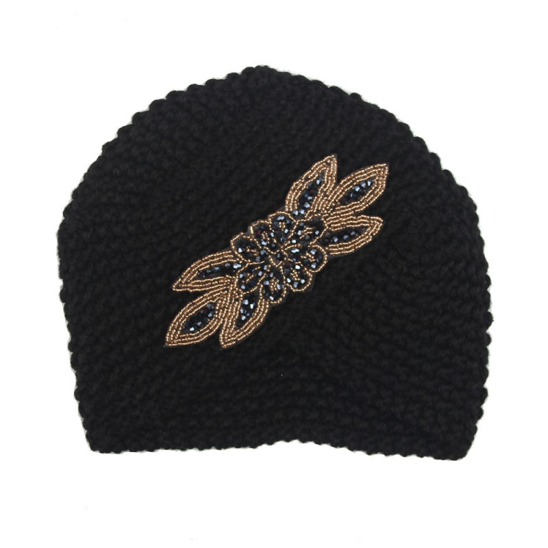 Women Knitted Rhinestone Flower Hat Cross Crochet Turban Bonnet Winter India Cap Warm Hat (HW128)