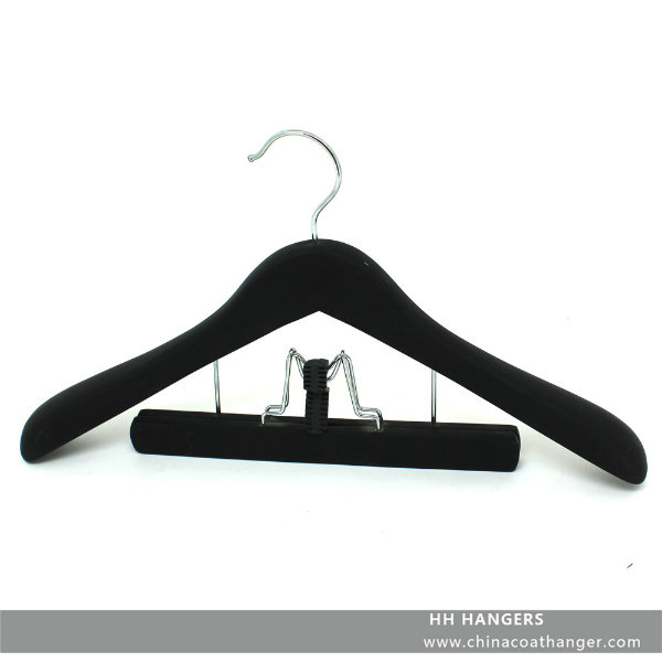 Soft Finishing Black Wooden Clothes Hanger with Clamp for Pants / Skirts