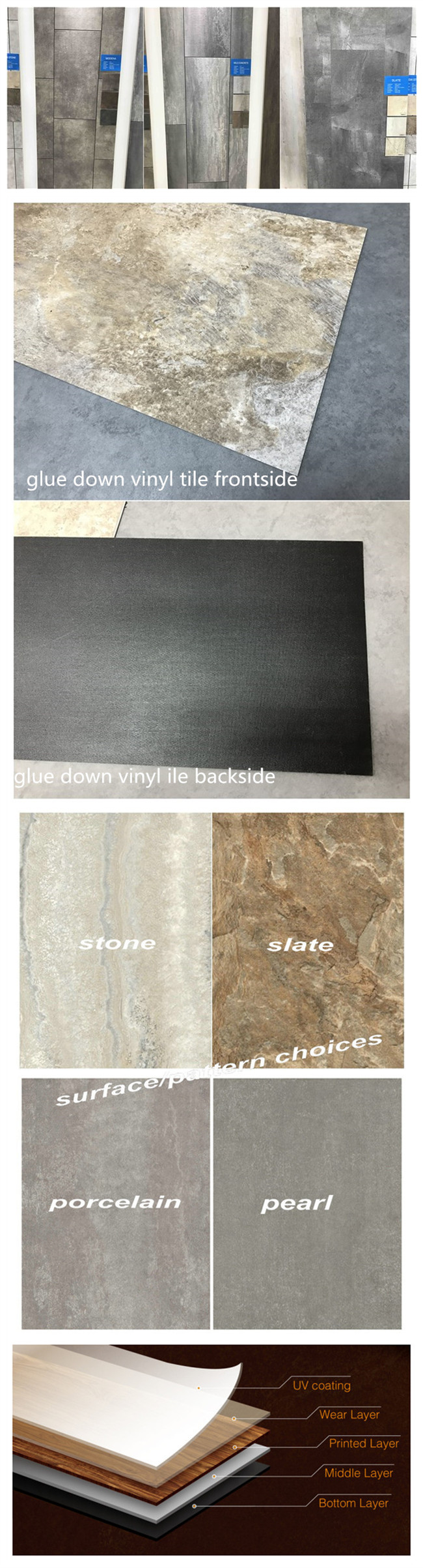 Glue Down Vinyl Tile Stone/Slate/Porcelain PVC Vinyl Floor