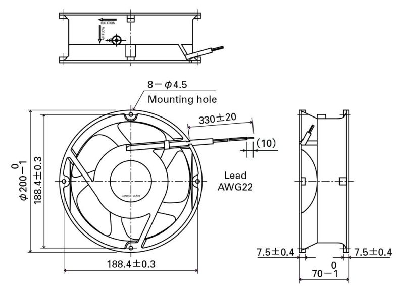 200X200X70mm Aluminum Housing Plastic Impeller DC Axial Fan