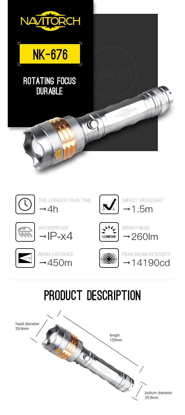 Rotating Focus, Durable 260lm Rechargeable Aluminum LED Flashlight (NK-676)