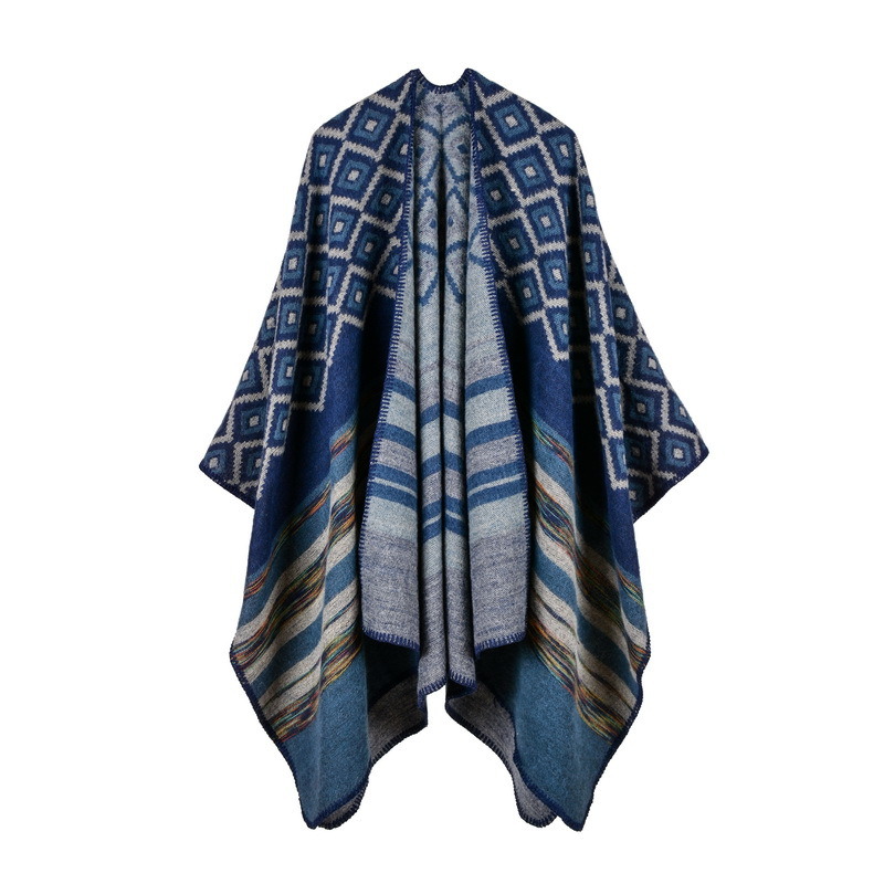 Women's Color Block Open Front Blanket Poncho Geometric Cashmere Cape Thick Warm Stole Throw Poncho Wrap Shawl (SP217)