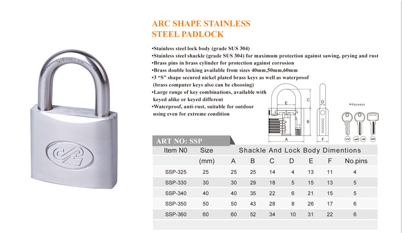 Water Proof High Quality Stainless Steel Padlock with Brass Key