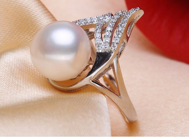 925 Silver Freshwater Pearl Ring Simple Design Pearl Ring AAA 10-11mm Button White Pearl Rings