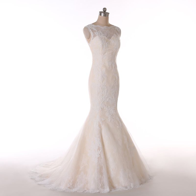 Mermaid Champagne Sheer Neck Wedding Dress with Appliques