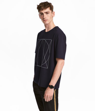 Black Woven Relaxed Tee with Motif