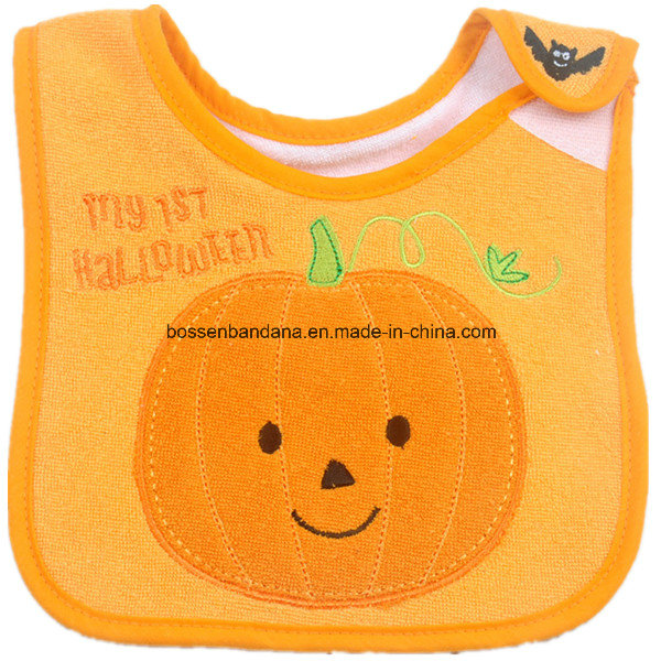 OEM Produce Customized Design Halloween Embroidered Cotton Terry White Applique Baby Feeder Drool Bib