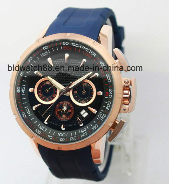 2017 New Fashion Men Stainless Steel Chronograph Watch with Leather Band