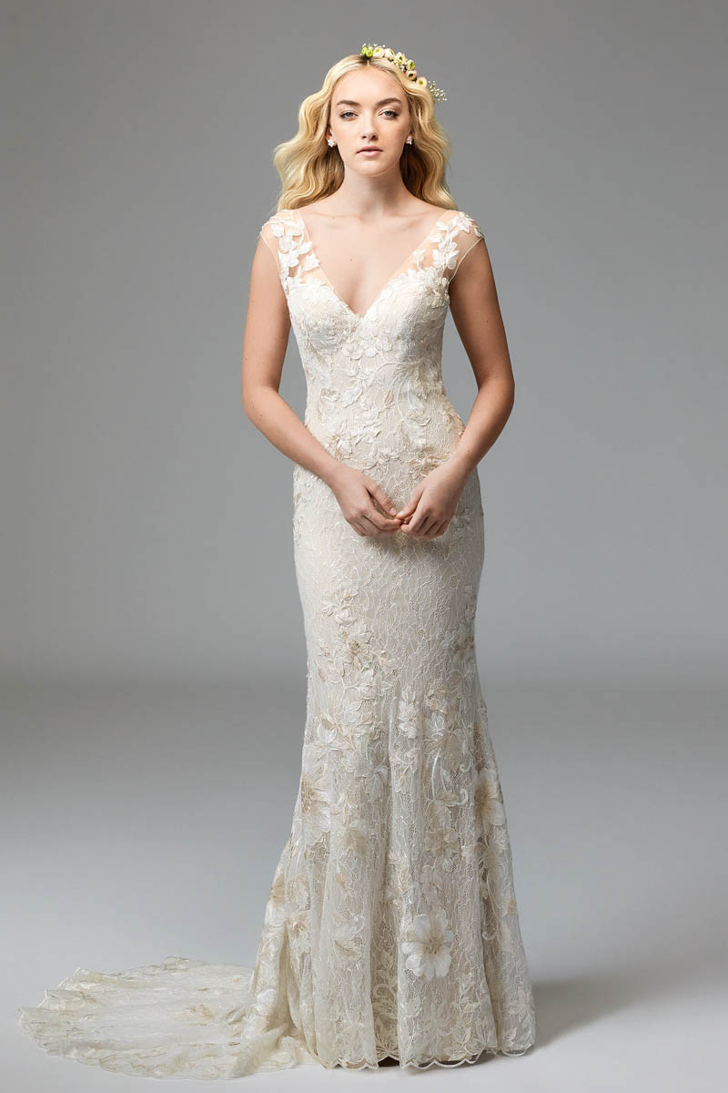 Fit-and-Flare V-Neckline Wedding Dress with Plays Backdrop to Dramatic Wildfell Floral Motifs