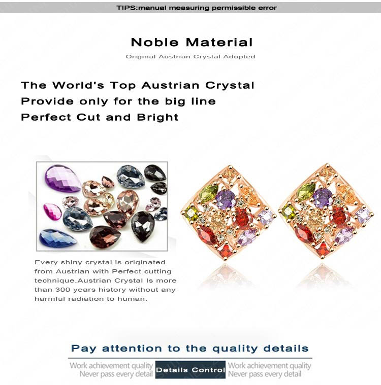 Gold Plated Multicolor Zircon Square Stud Earrings (ER0135-C)