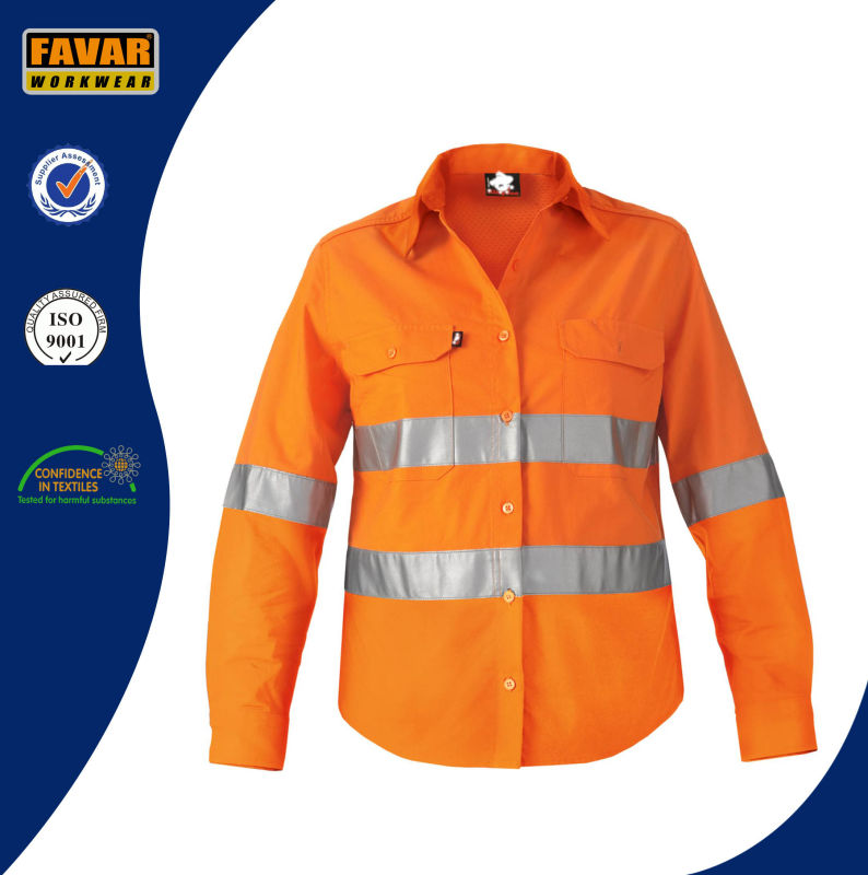 Hi Vis Reflective Upf50+ Long Sleeve Shirt Orange Cotton Safety Workwear Shirt