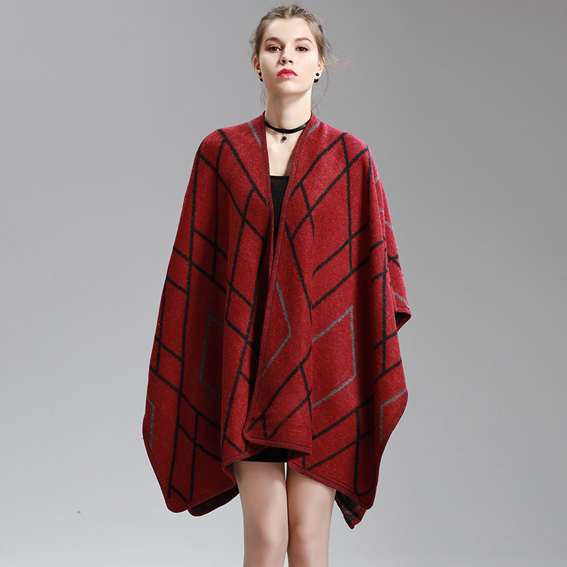 Womens Cashmere Feel Checked Diamond Printing Fancy Cape Stole Poncho Shawl (SP290)