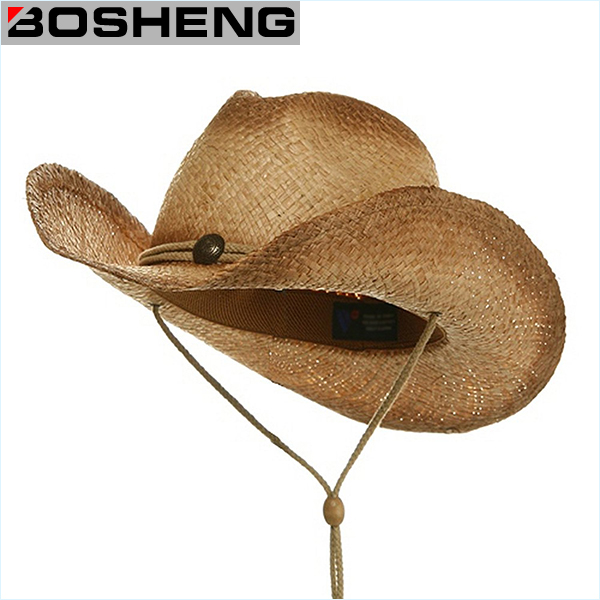 Straw Cowboy Hat with Chin Cord & Elastic Sweatband