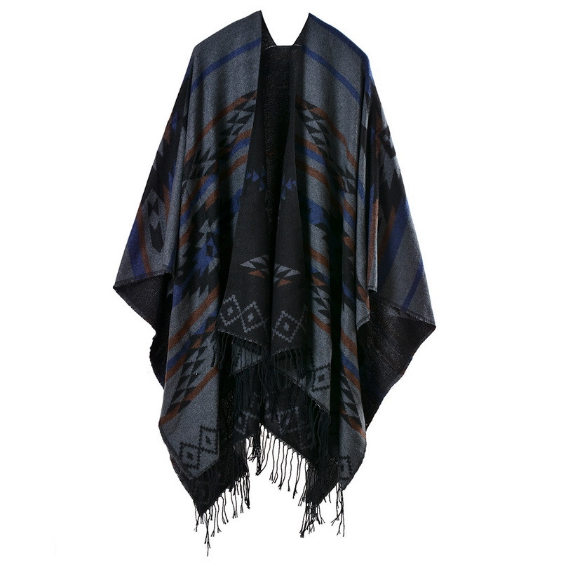 Women's Color Block Open Front Blanket Poncho Bohemian Cashmere Like Cape Thick Warm Stole Throw Poncho Wrap Shawl (SP224)