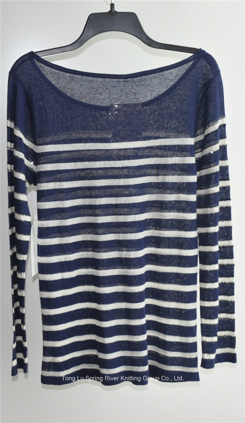 Round Neck Striped Pullover Knit Sweater for Ladies