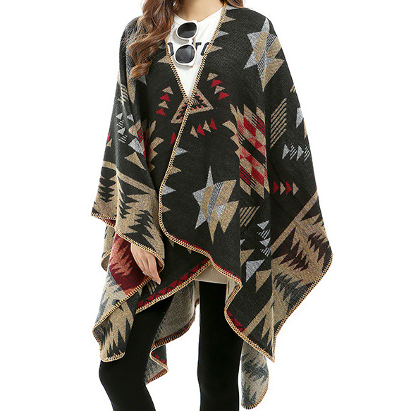 Women's Color Block Open Front Blanket Poncho Bohemian Cashmere Like Cape Thick Winter Warm Stole Throw Poncho Wrap Shawl (SP228)