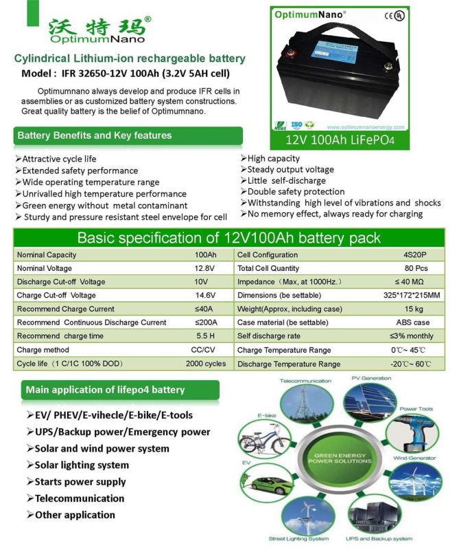 Deep Cycle 12V 100ah LiFePO4 Rechargeable Battery for Solar Energy