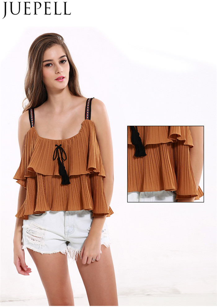 European and American Women New Summer Solid Color Top Laminated Flounced Fold Bandage Strapless Harness Small Shirt Women Vest Blouse