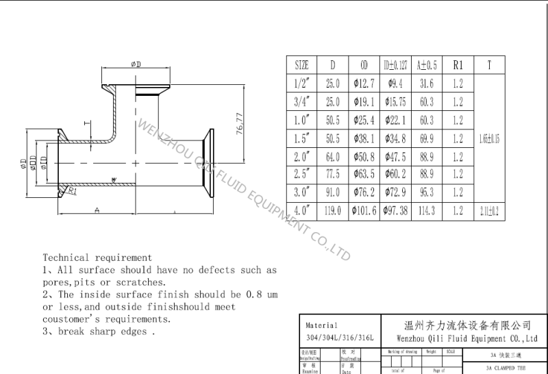 304/316L Sanitary Stainless Steel Clamped Equal Tee