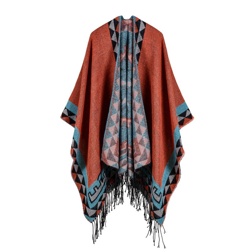 Women's Color Block Open Front Blanket Poncho Bohemian Cashmere Like Cape Thick Winter Warm Stole Throw Poncho Wrap Shawl (SP233)