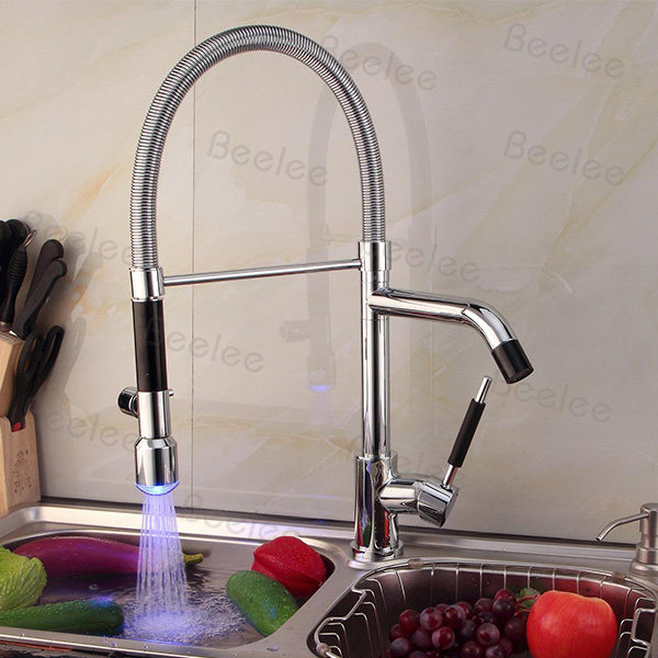 Chrome Two Spouts Sprung LED No Battery Power by Water Pressure Single Lever One Hole Kitchen Faucet Mixer Taps