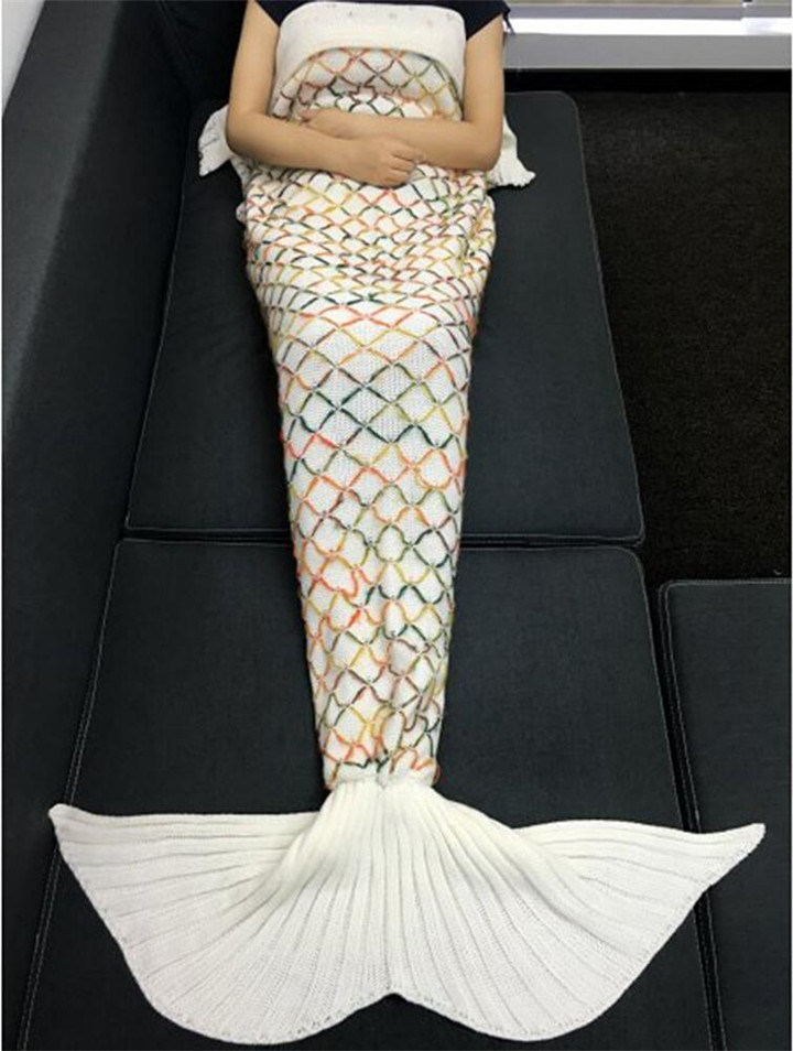 Fashion Yarn Knitted Colorful Rhombus Design Warmth Mermaid Tail Blanket