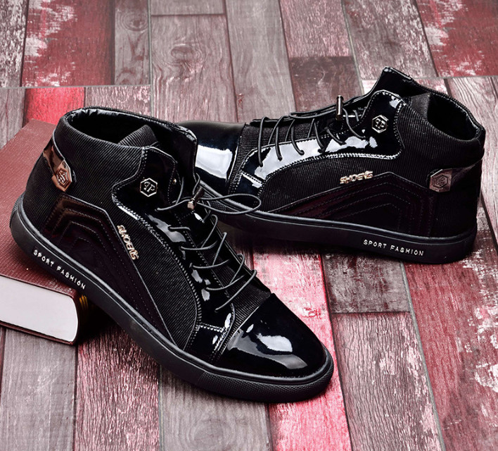 Black PU Patent Leather Men Shoes with Lace up (YN-25)