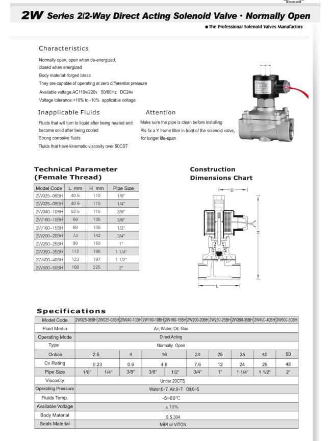 Normally Open Solenoid Valve (2W SERIES)