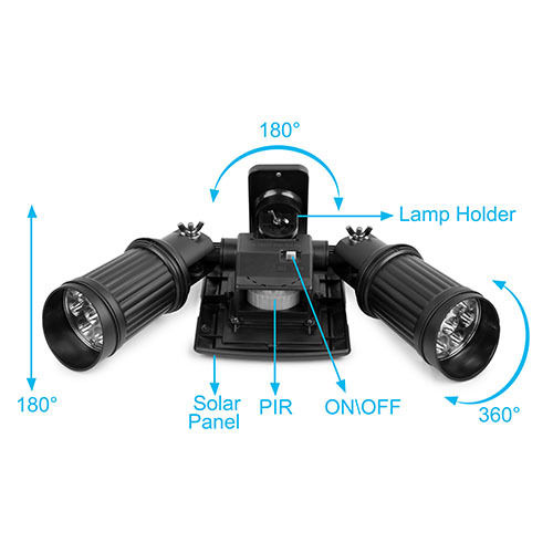 Adjustable Solar PIR Motion Sensor Flood Light, Solar Dual Head Spotlight, Solar Flood Lamp in Telescope Design
