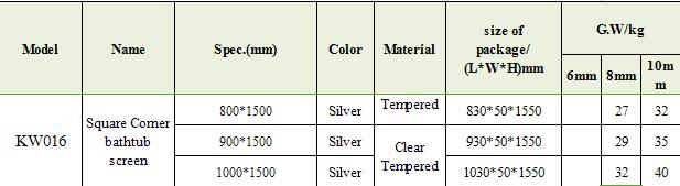 Reversible Designed of 8mm/10mm Tempered Glass Bathtub Screen (A-KW016)