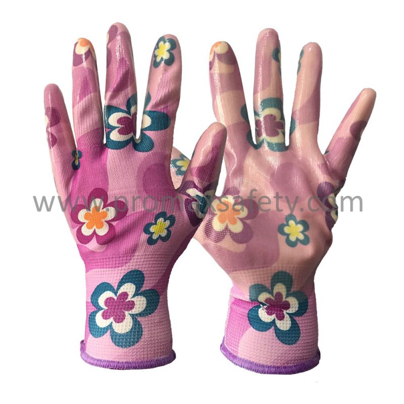 Flower Design Polyester Liner Clear Nitrile Palm Coated Garden Gloves