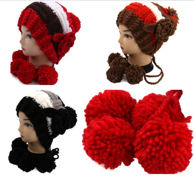 High Quality Hand Knit Winter Warm Hat with Flower POM POM