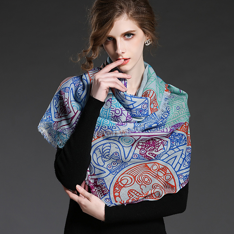 Women Wool Geometric Patterns Printed Blue Scarf