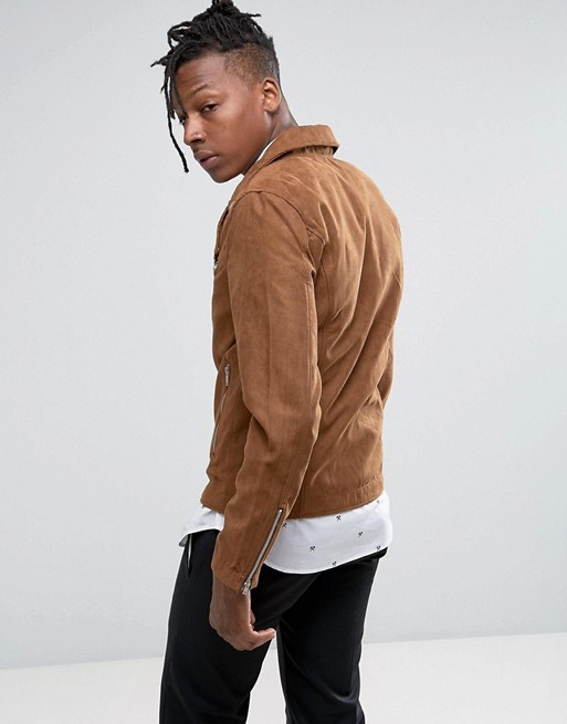 Pull Bear Faux Suede Biker Jacket in Tan