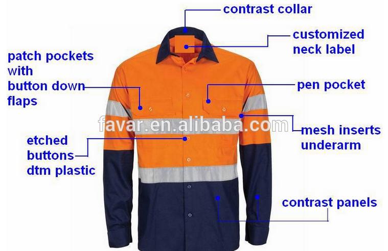 Long Sleeve 100% Cotton Drill Hi Vis Wholesale Safety Shirts