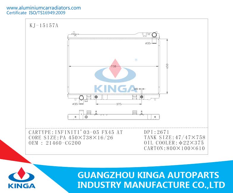 Auto Radiator for Infiniti ' 03-05 Fx45 at OEM 21460-Cg200