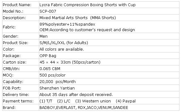 Lycra Fabric Compression Boxing Shorts with Cup (SCP-007)