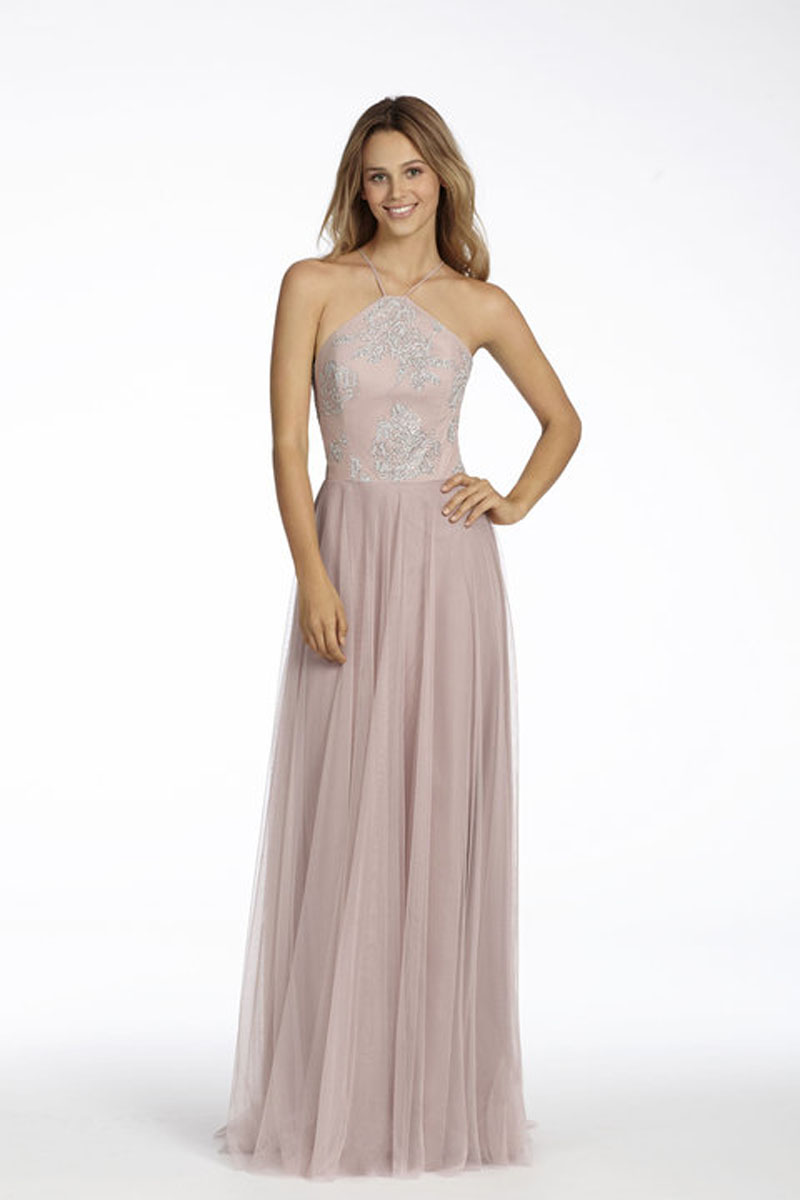 Rose English Net A-Line Bridesmaid Dress with Caviar Bodice, High Neck Halter Neckline and Circular Skirt