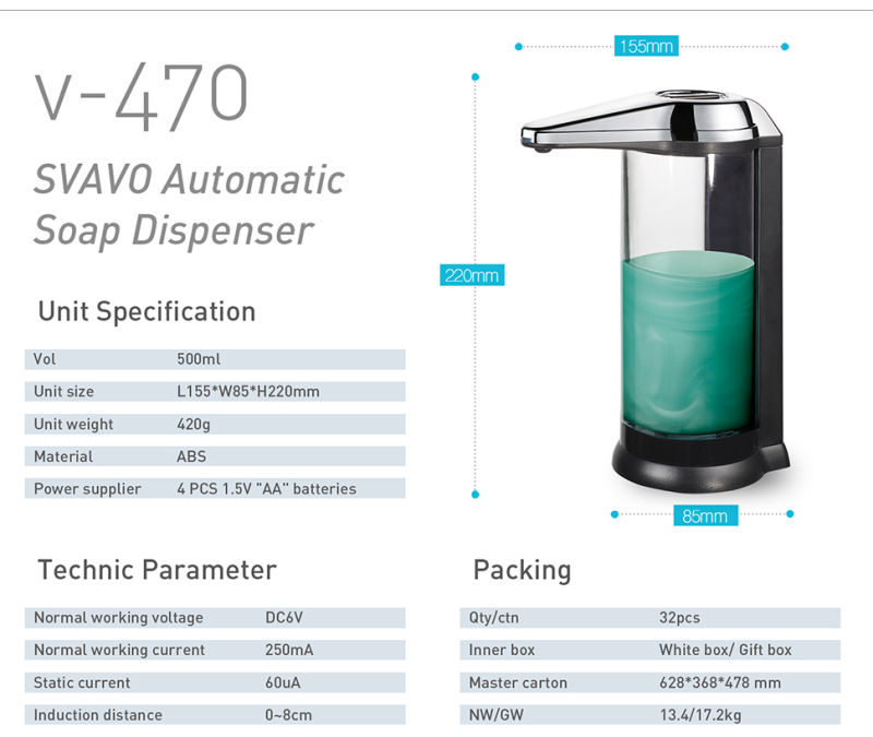 V-470 Plastic Soap Dispenser Removeable Taple Type Automatic Liquid Soap Dispenser Refillable