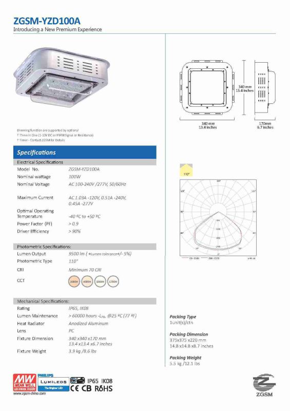 Philips Chips 100W IP65 Explosion Proof LED Canopy Light for Gas Station