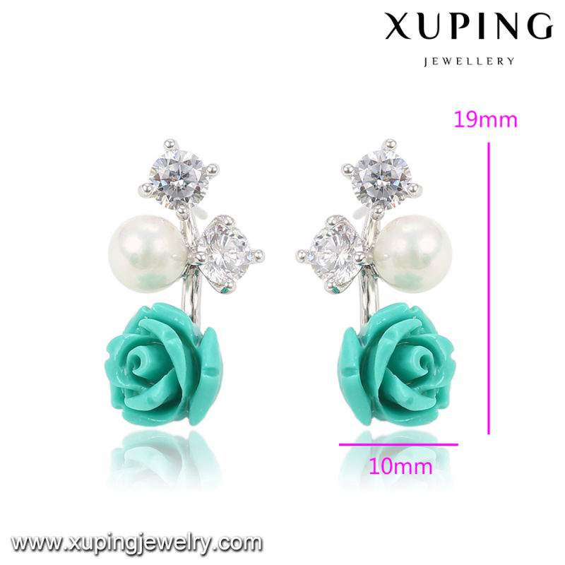 92025 Xuping Fashion Flower Rhodium CZ Diamond Imitation Jewelry Glass Earring with Pearl