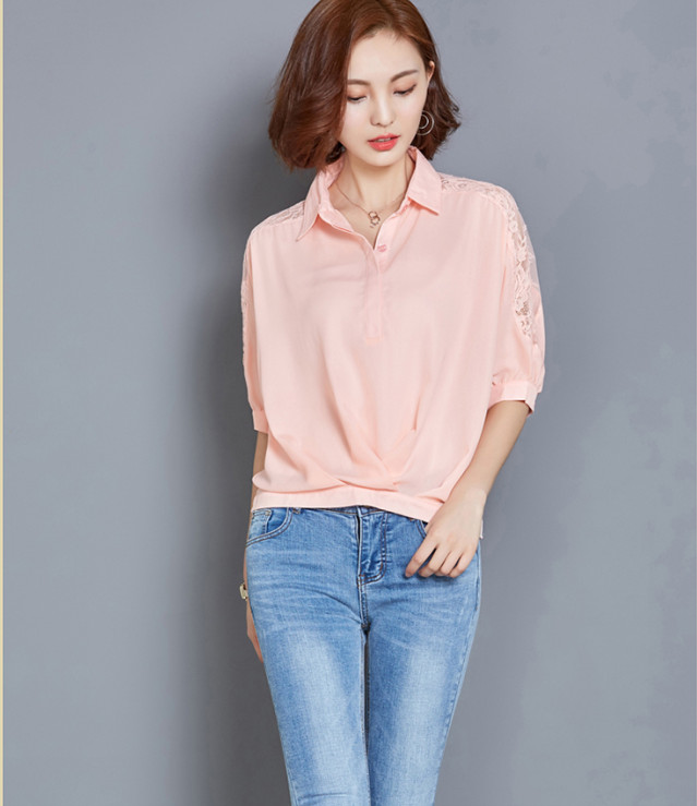 Fashion Chiffon Ladies Blouse with Lace Sleeve