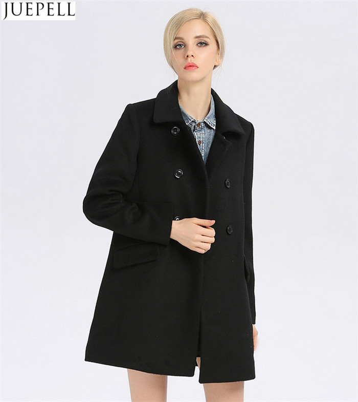 Fashion Ladies Collar Thin Wool Viscose Coat Women European Style Double Breasted Long Sleeve Black Coat