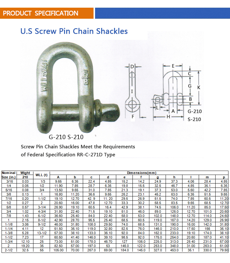 Us Type G210 Screw Pin D Shackle