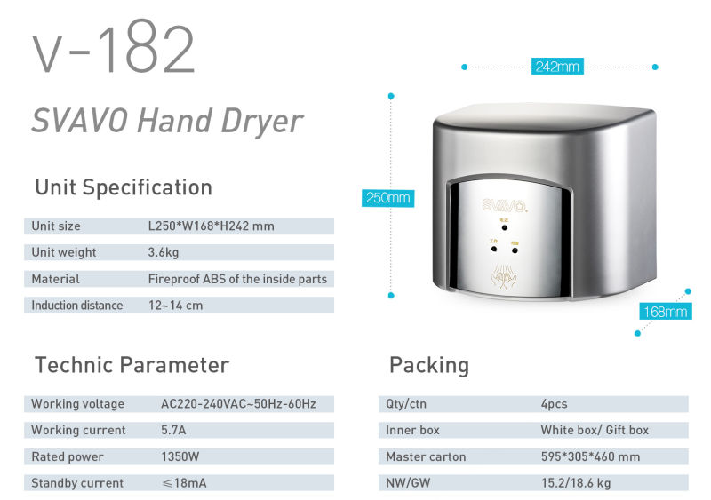 Washroom Automatic Hand Dryer in White & Chrome Color (V-182)