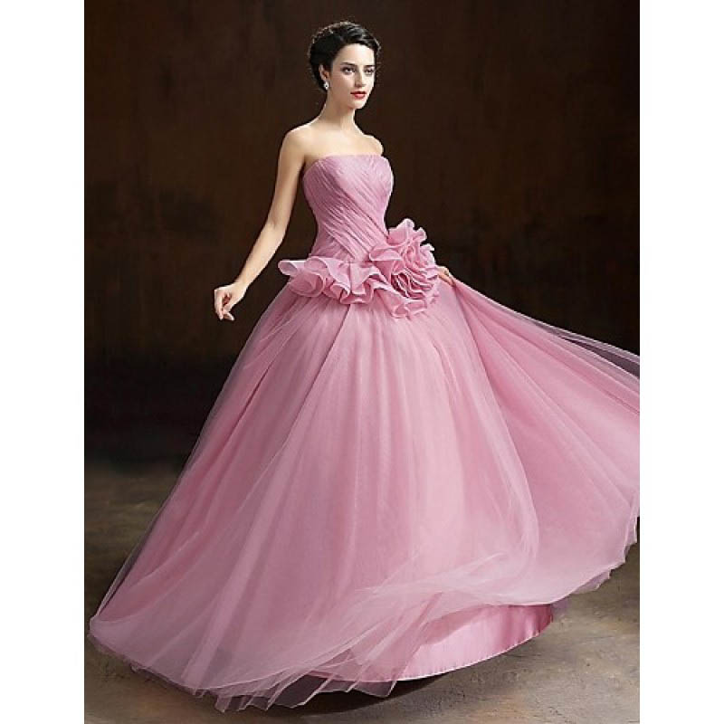 Ball Gown Strapless Long Floor-Length Organza Formal Evening Dress with Flower