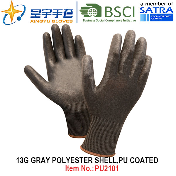 13G Polyester Shell PU Coated Gloves (PU2101) with CE, En388, En420, Work Gloves