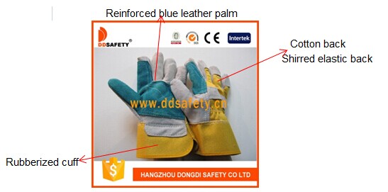 Grey Cow Split Blue Leather Reinforced Glove Yellow Cotton Back Safety Gloves Dlc324