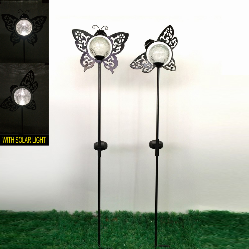 Garden Decoration Glass Ball Solar Power Metal Butterfly Stake